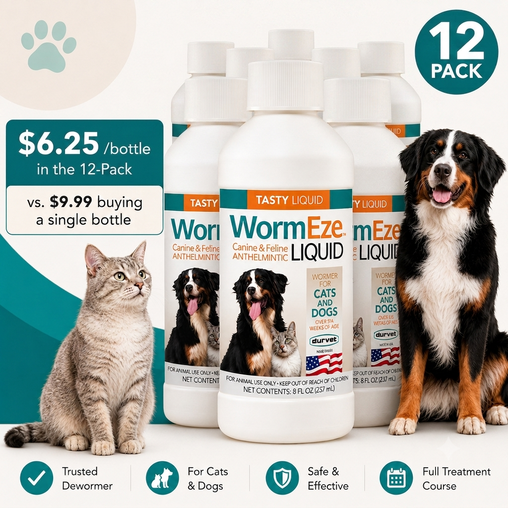 Durvet WormEze Liquid Canine & Feline Anthelmintic 12-Pack | 12 × 8 oz | Dog & Cat Roundworm Treatment