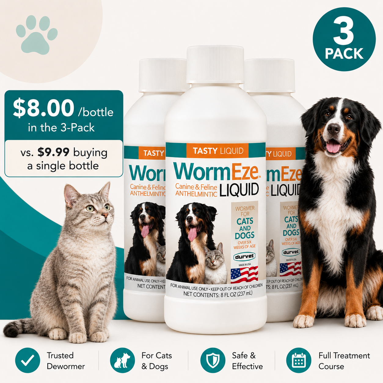 Durvet WormEze Liquid Canine & Feline Anthelmintic 3-Pack | 3 × 8 oz | Dog & Cat Roundworm Treatment