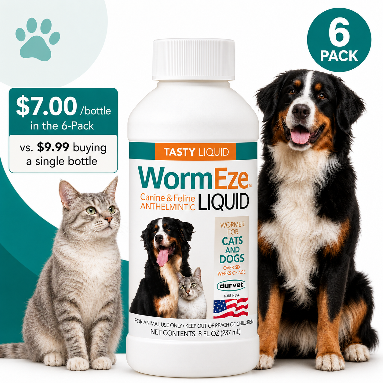 Durvet WormEze Liquid Canine & Feline Anthelmintic 6-Pack | 6 × 8 oz | Dog & Cat Roundworm Treatment