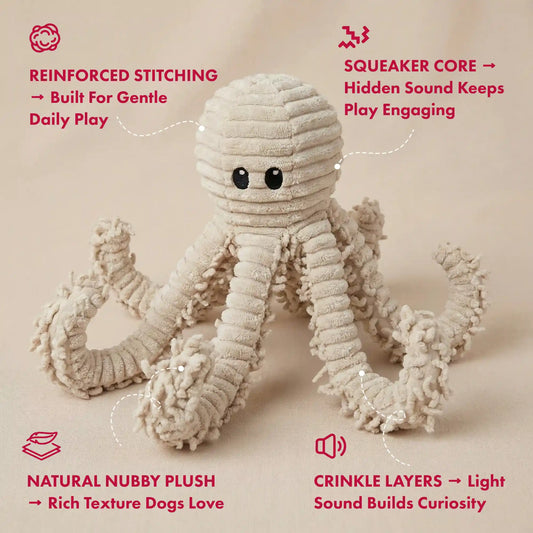 PetLou natural nubby plush octopus dog toy with squeaker and crinkle paper