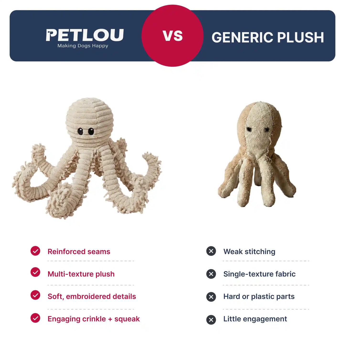 PetLou natural nubby plush octopus dog toy with squeaker and crinkle paper