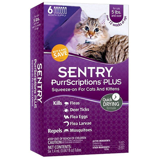 Sentry PurrScriptions Plus Flea & Tick Control for Cats & Kittens-Cat-Sentry-Cats Over 5 lbs - 6 Month Supply-