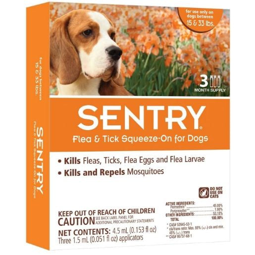 Sentry Flea & Tick Squeeze-On for Dogs-Dog-Sentry-Medium - 3 Count - (Dogs 15-33 lbs)-