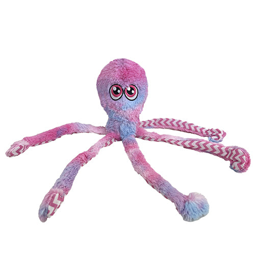 PetLou Pink Octopus Plush Dog Toy, 16-Inch Multi-Texture Toy with Crinkle & Squeaker
