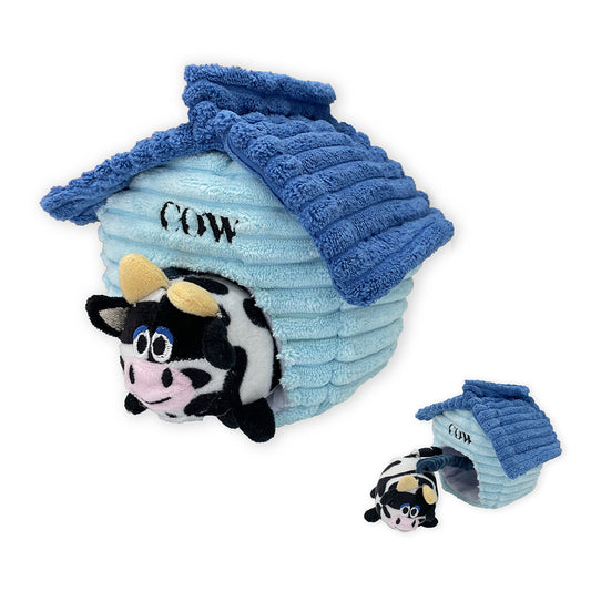 PetLou Cubbiez Cow Plush Puzzle Barn Dog Toy Interactive Bungee Play