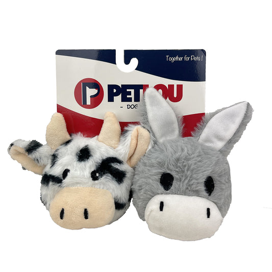PetLou EZ Squeaky Ball Twin Pack Cow and Donkey Plush Dog Toys