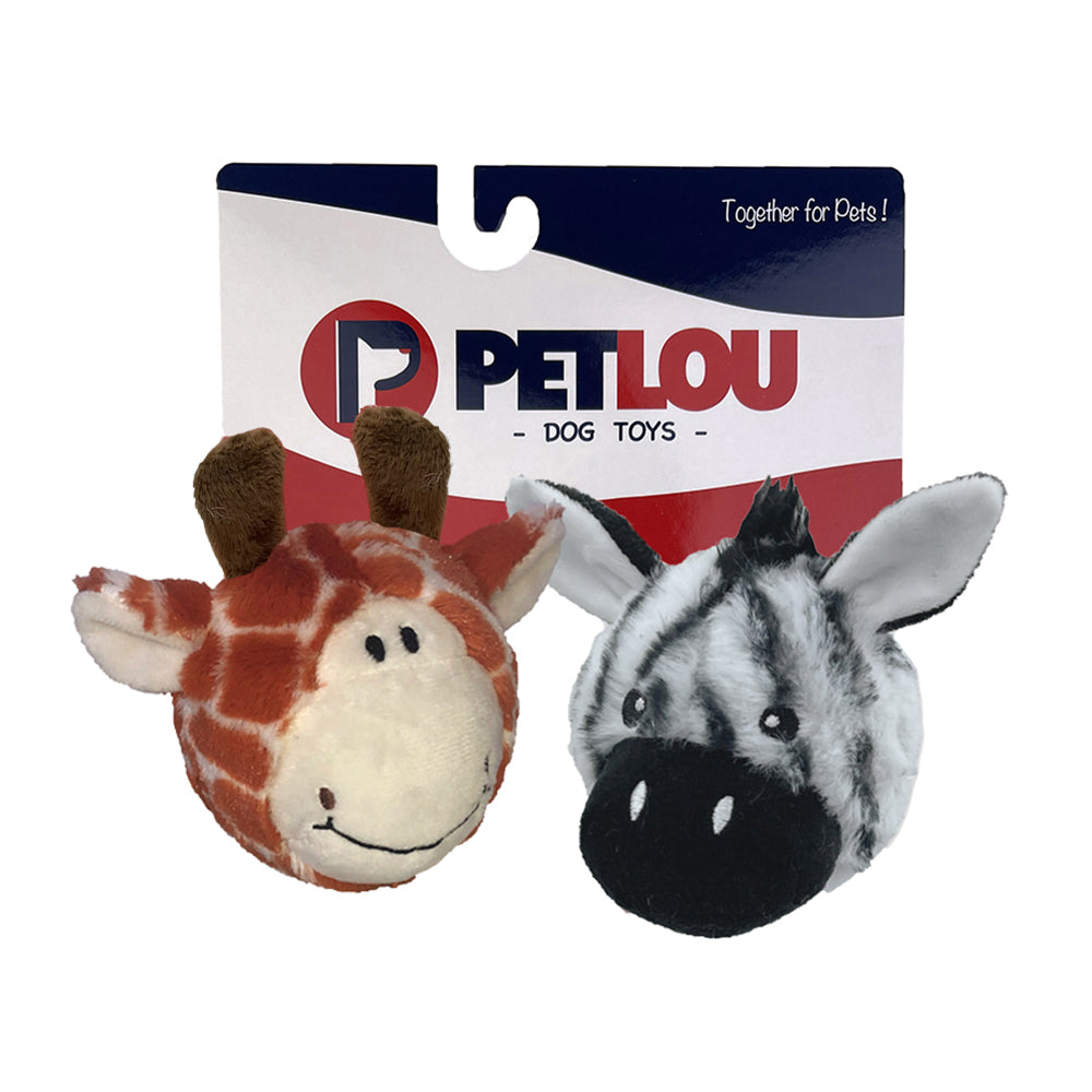 PetLou EZ Squeaky Ball Twin Pack Giraffe and Zebra Plush Dog Toys