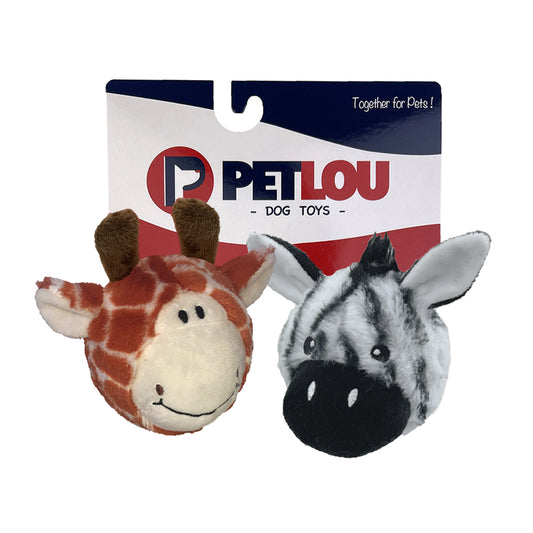 PetLou EZ Squeaky Ball Twin Pack Giraffe and Zebra Plush Dog Toys