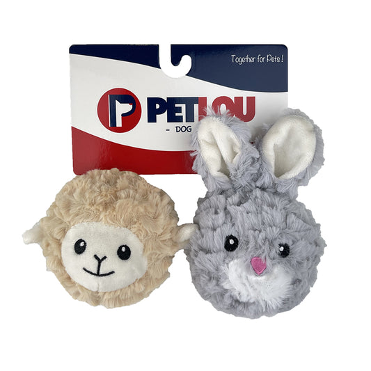 PetLou EZ Squeaky Ball Twin Pack Lamb and Rabbit Plush Dog Toys