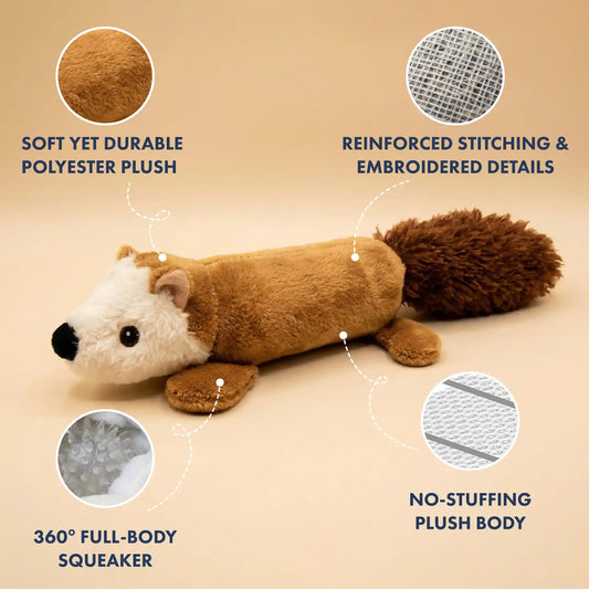 Stuffed animal toy with features highlighted on a beige background