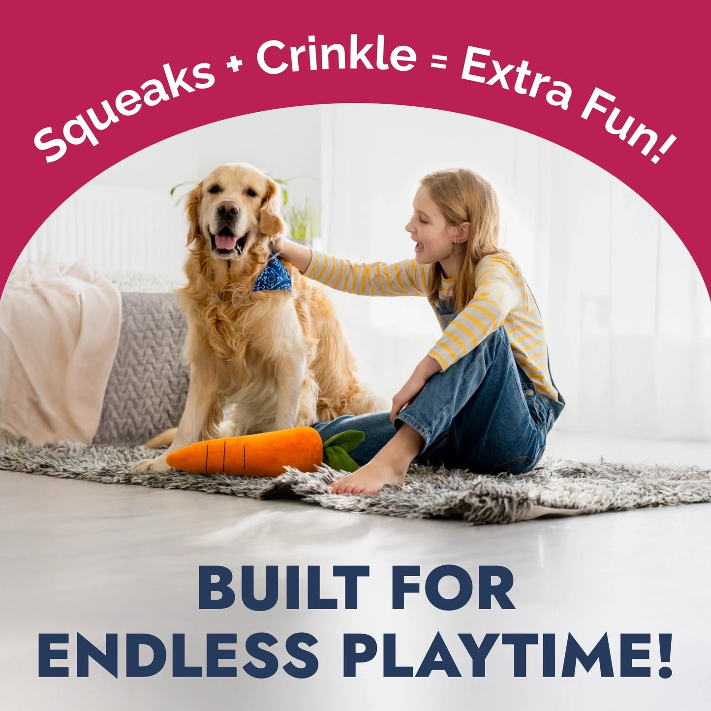 PetLou carrot plush dog toy with squeaker and crinkle paper for dogs