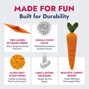 PetLou carrot plush dog toy with squeaker and crinkle paper for dogs