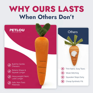 PetLou carrot plush dog toy with squeaker and crinkle paper for dogs