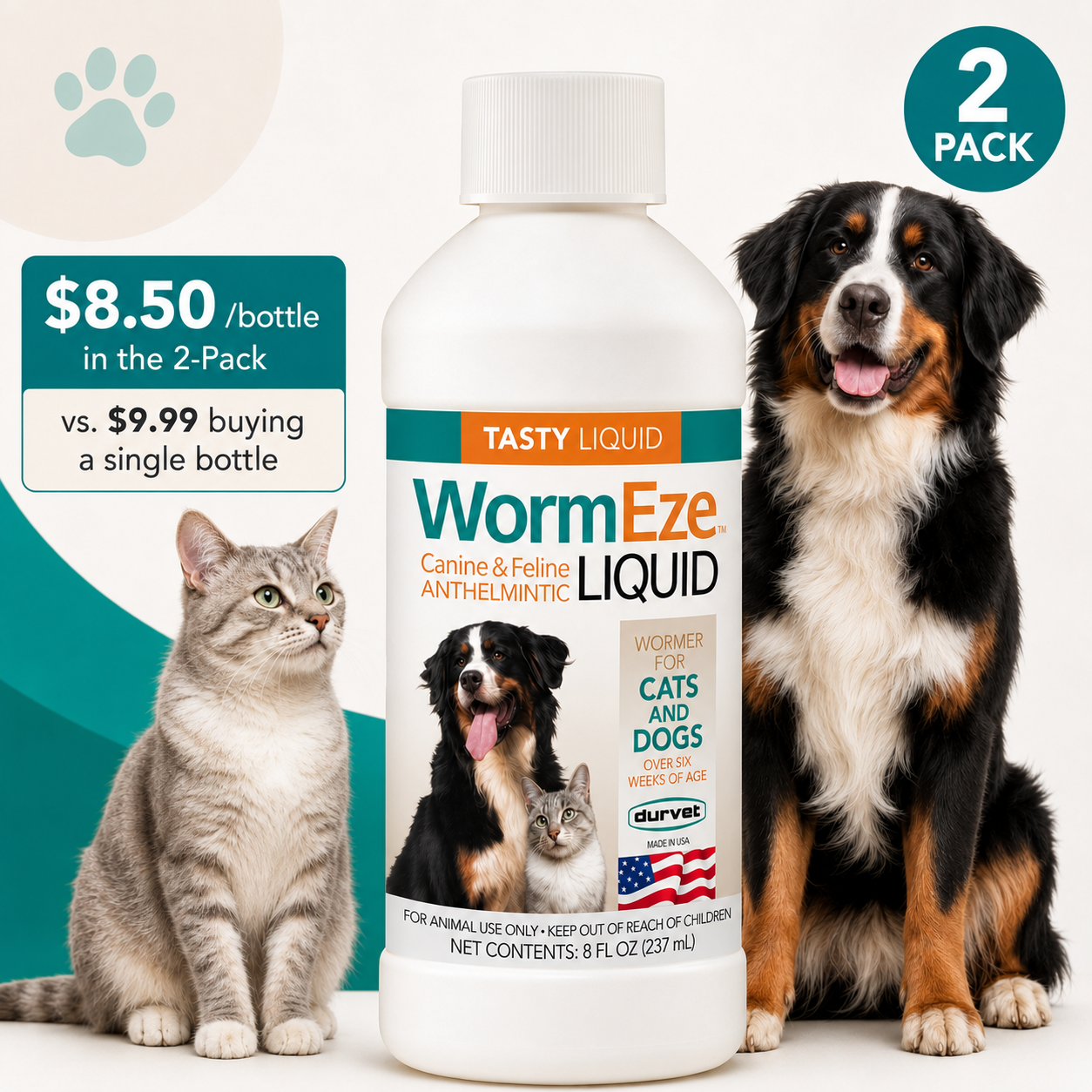 Durvet WormEze Liquid Canine & Feline Anthelmintic 2-Pack | 2 × 8 oz | Dog & Cat Roundworm Treatment