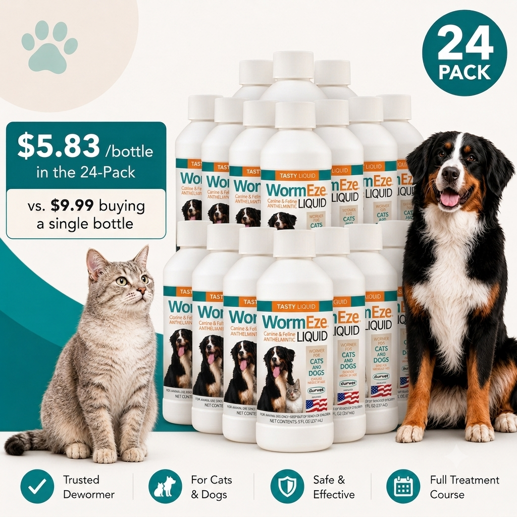 Durvet WormEze Liquid Canine & Feline Anthelmintic 24-Pack | 24 × 8 oz | Dog & Cat Roundworm Treatment