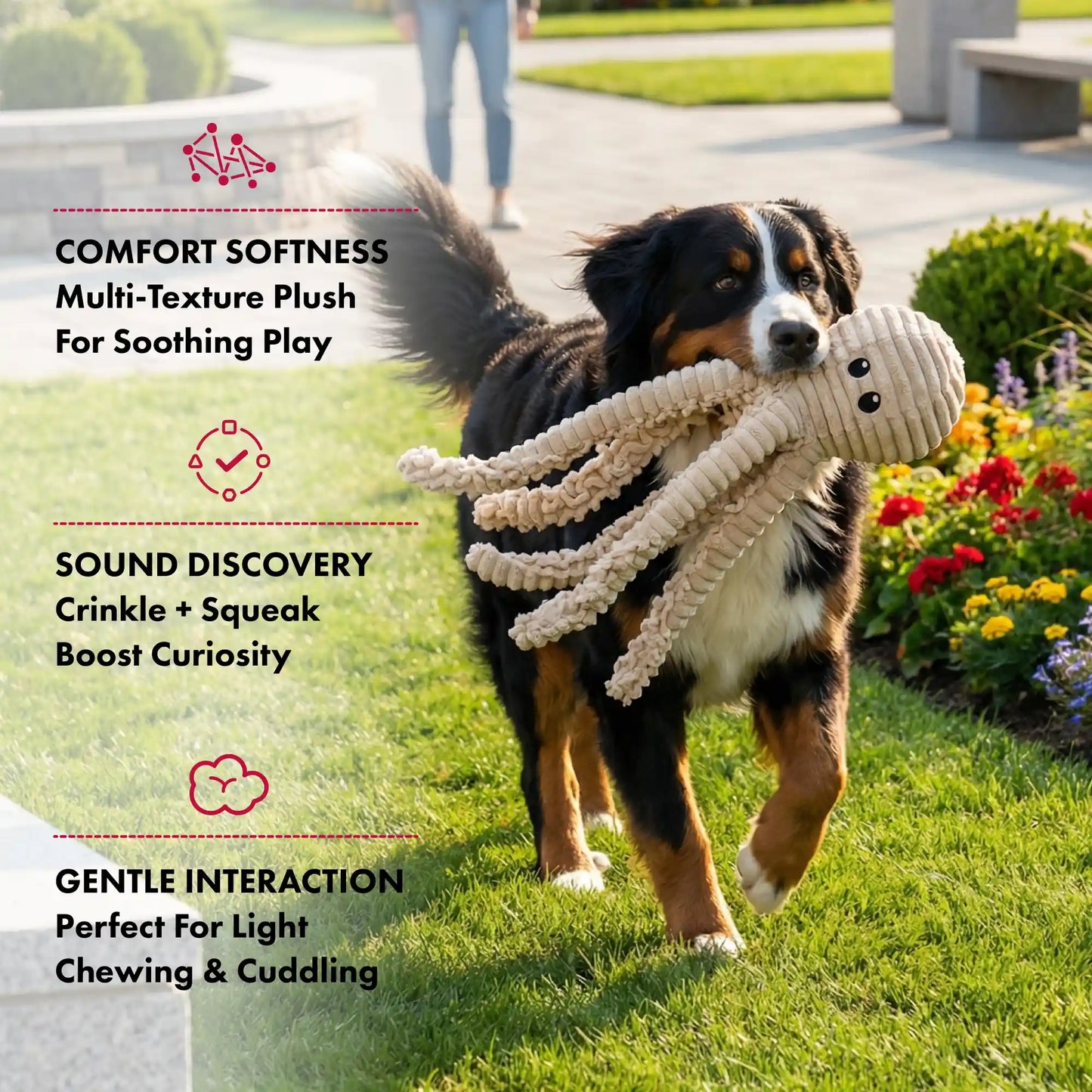 PetLou natural nubby plush octopus dog toy with squeaker and crinkle paper