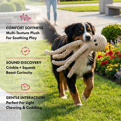 PetLou natural nubby plush octopus dog toy with squeaker and crinkle paper