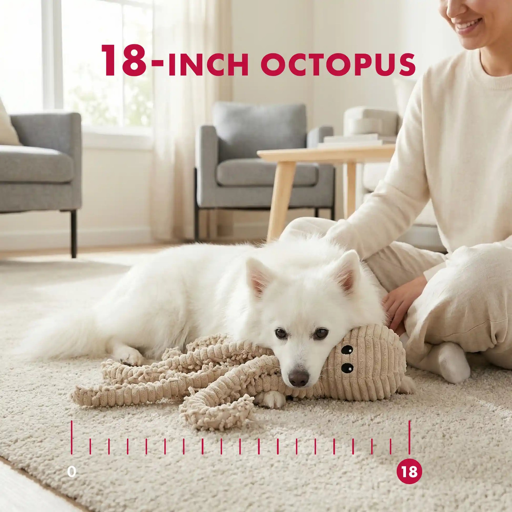 PetLou natural nubby plush octopus dog toy with squeaker and crinkle paper