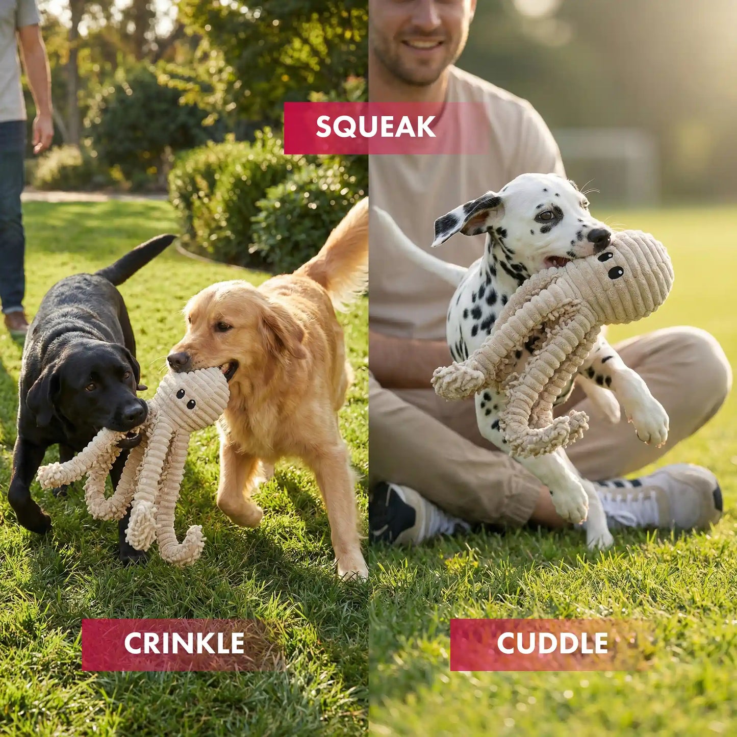 PetLou natural nubby plush octopus dog toy with squeaker and crinkle paper