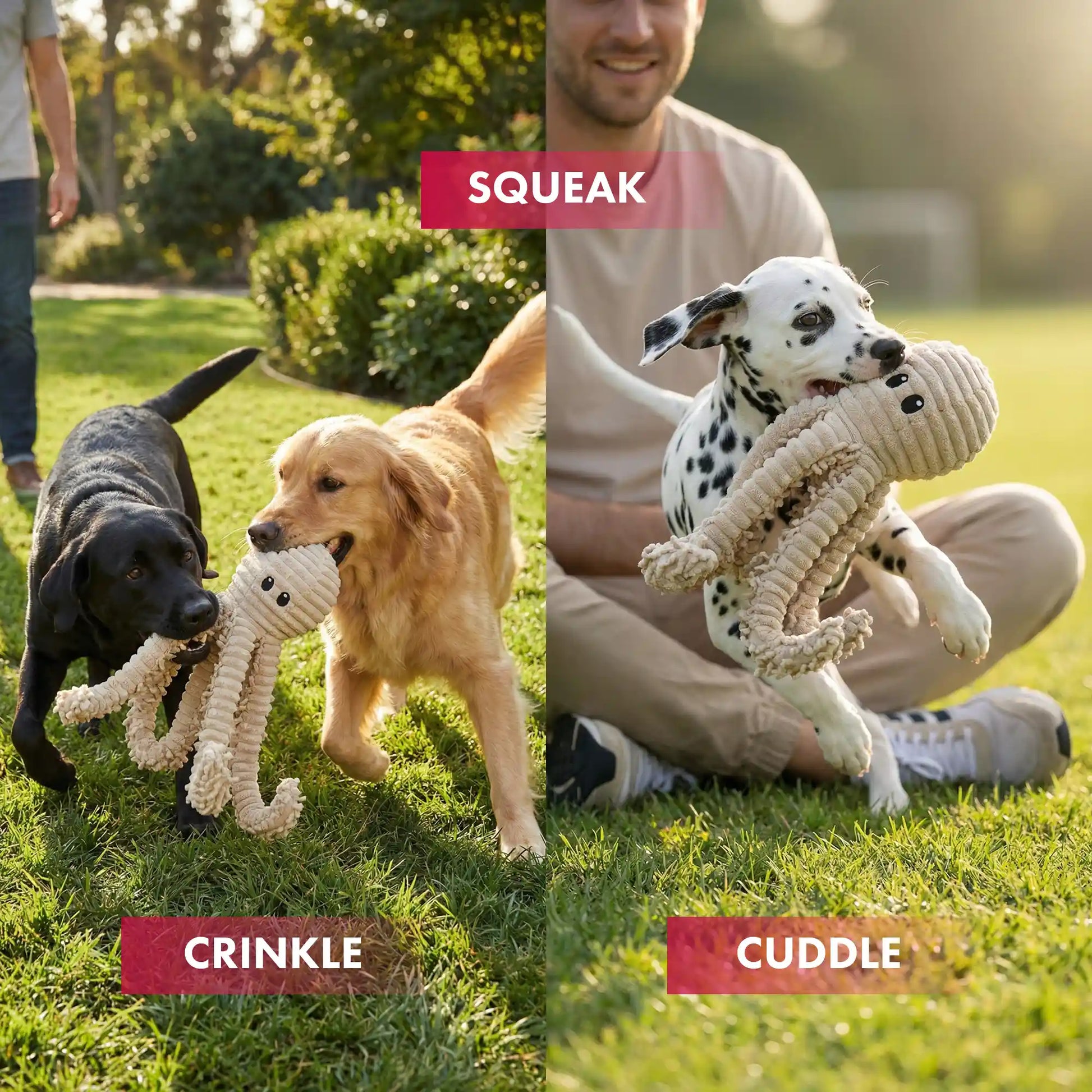 PetLou natural nubby plush octopus dog toy with squeaker and crinkle paper