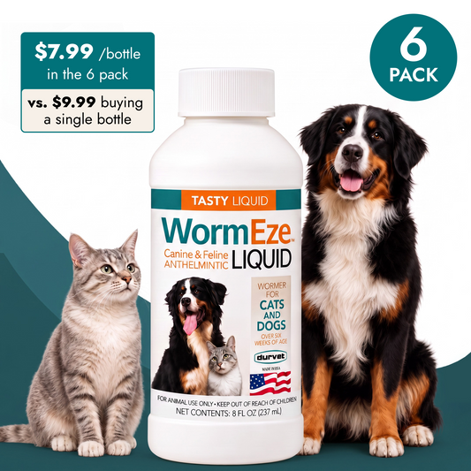 Durvet WormEze Liquid Canine & Feline Anthelmintic 6-Pack | 6 × 8 oz | Dog & Cat Roundworm Treatment