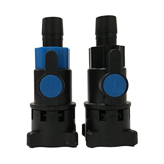 Two black plastic inline pump assemblies with blue circular valves and blue connector blocks, shown side-by-side on a white background.