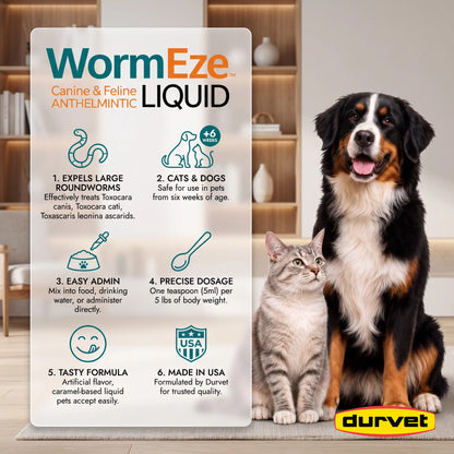 Durvet WormEze Liquid Canine & Feline Anthelmintic 3-Pack | 3 × 8 oz | Dog & Cat Roundworm Treatment