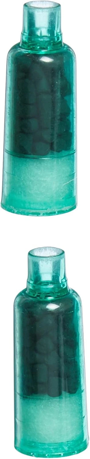 Two translucent teal plastic bottle caps stacked vertically on a white background.