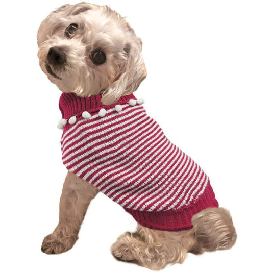 Fashion Pet Pom Pom Stripe Dog Sweater Raspberry-Dog-Fashion Pet-X-Small-