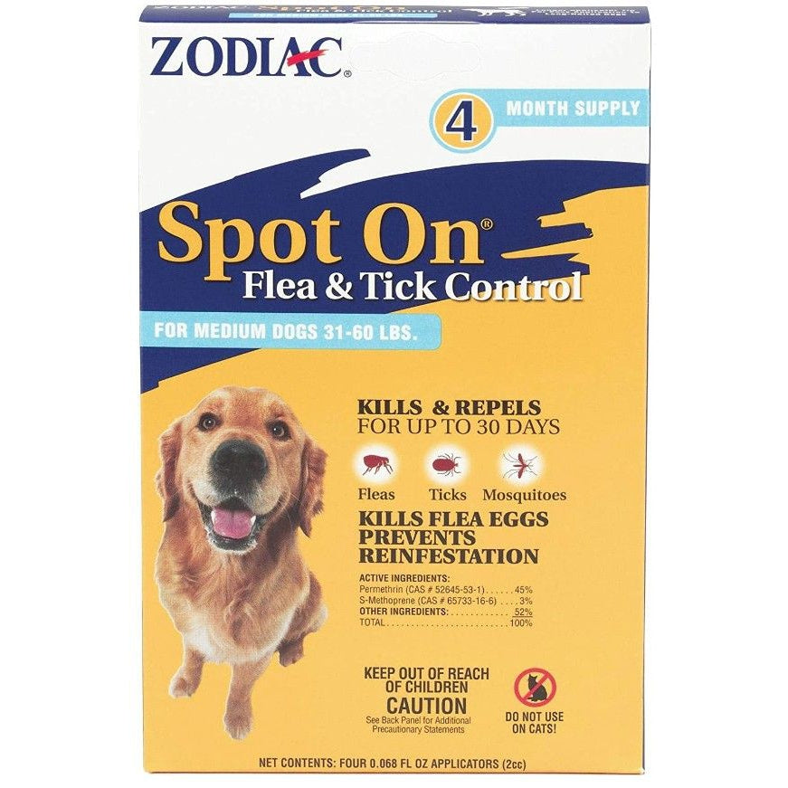 Zodiac Spot on Flea & Tick Controller for Dogs-Dog-Zodiac-Medium Dogs 31-60 lbs (4 Pack)-