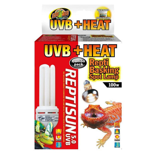 Zoo Med Heat + UVB Combo Pack-Reptile-Zoo Med-100 Watt Basking Spot Lamp + 5.0 UVB Compact Flourescent-