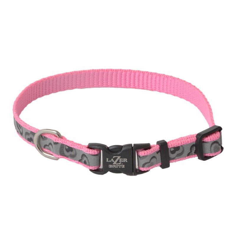 Lazer Brite Pink Hearts Reflective Adjustable Dog Collar-Dog-Coastal Pet-8"-12" Long x 3/8" Wide-