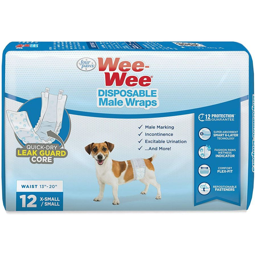 Four Paws Wee Wee Disposable Male Dog Wraps-Dog-Four Paws-X-Small/Small - 12 Pack - (Fits Waists up to 15")-