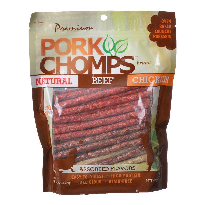 Premium Pork Chomps Assorted Munchy Sticks-Dog-Scott Pet-50 Pack - (Natural Beef & Chicken Flavors)-