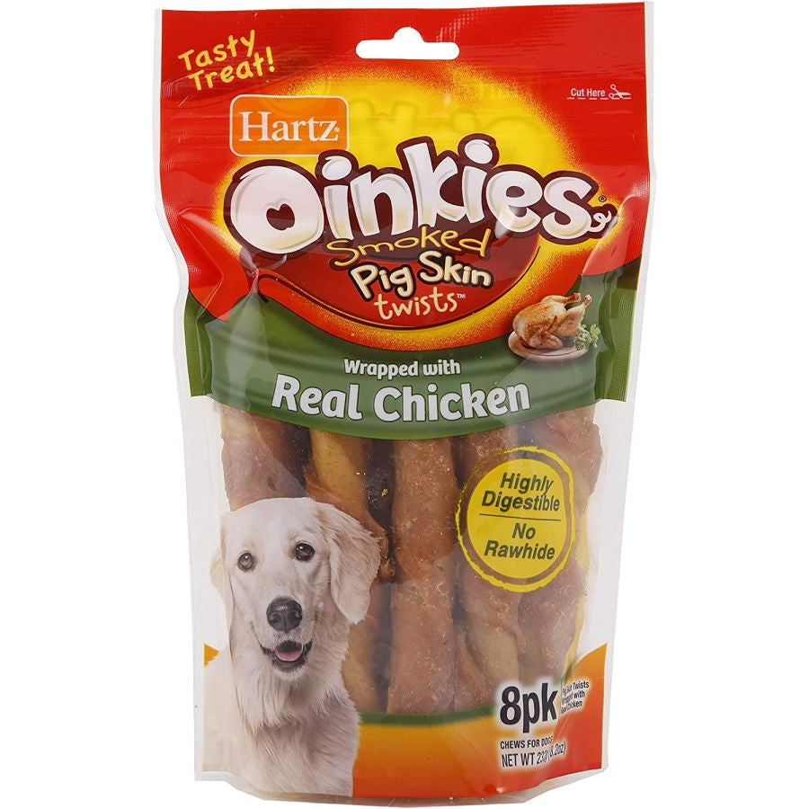 Hartz Oinkies Pig Skin Twists Wrapped with Real Chicken-Dog-Hartz-Regular - 5" Long - 8 Pack-