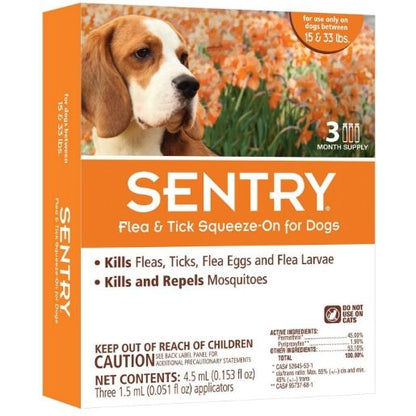 Sentry Flea & Tick Squeeze-On for Dogs-Dog-Sentry-Medium - 3 Count - (Dogs 15-33 lbs)-
