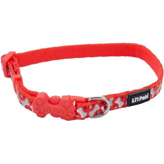 Li'L Pals Reflective Collar - Red with Bones-Dog-Li'l Pals-8-12"L x 3/8"W-